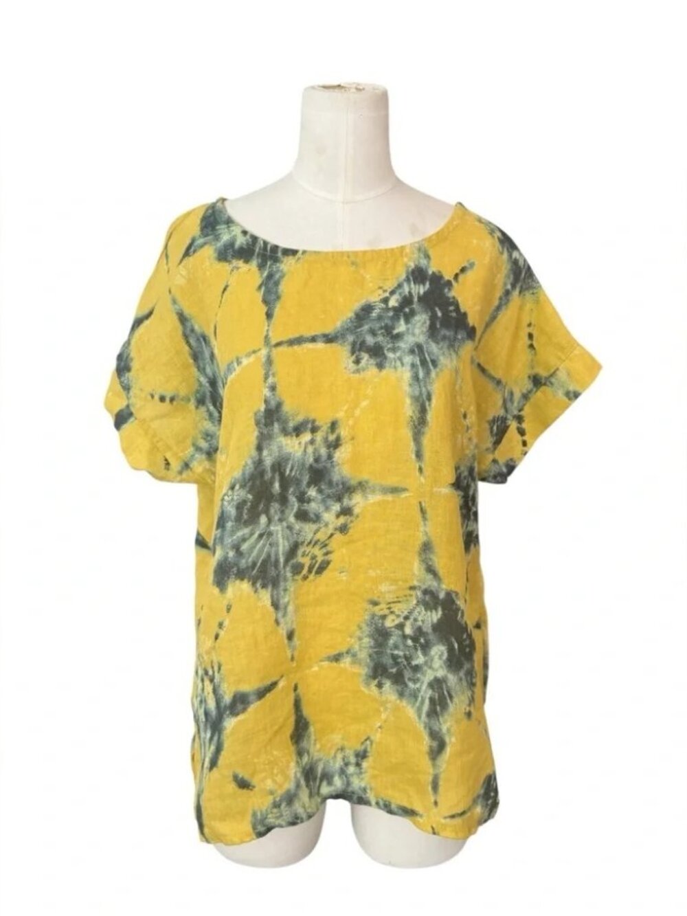 BELLAMBIA - 100% Linen Yellow Abstract Floral Short Sleeve Top Size S